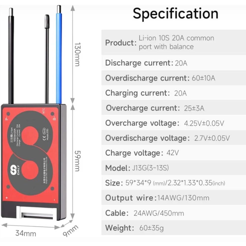 BMS DALY 36V 10S 20A Common Port Batterie Bici Elettrica Scooter